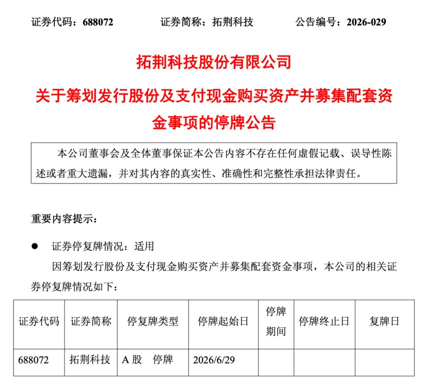 拓荆科技拟购买半导体公司 股票停牌!股价涨近5倍